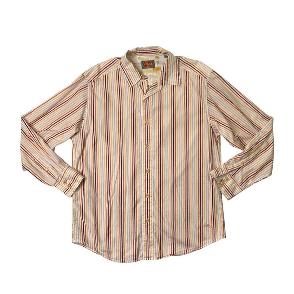 Tommy Bahama Shirt Mens L Large Multi Relax Cotton Striped Button Up Long Sleeve